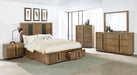 California King bedroom set by CoasterEveryday featuring a five-piece ash brown furniture ensemble with bed, nightstands, and storage.
