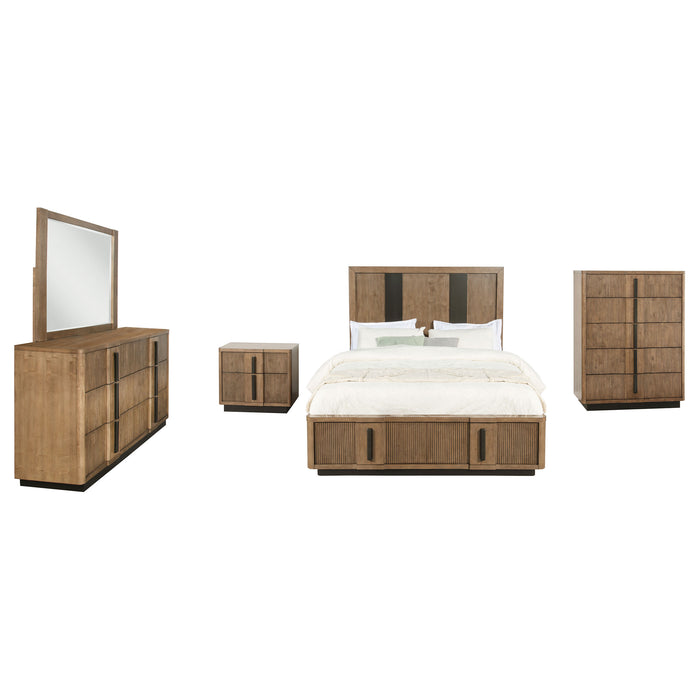 California King bedroom set by CoasterEveryday featuring a five-piece ash brown furniture collection with bed, nightstands, and dresser.