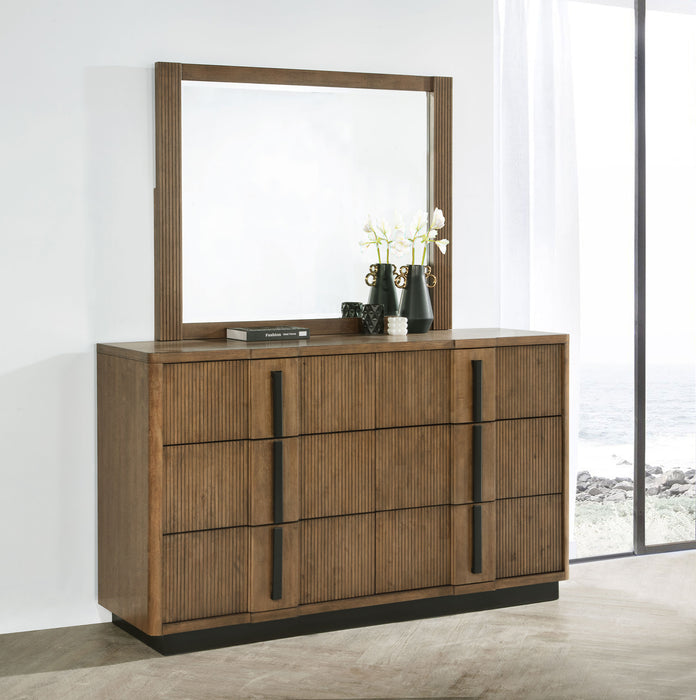 Ash brown CoasterEveryday Terrace 6-drawer dresser with matching mirror, showing sleek wooden furniture with six spacious drawers.