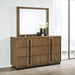 Ash brown CoasterEveryday Terrace 6-drawer dresser with matching mirror, showing sleek wooden furniture with six spacious drawers.