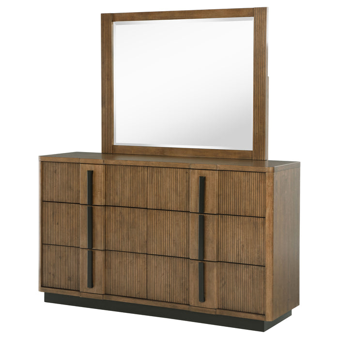 Ash brown CoasterEveryday Terrace 6-drawer dresser with matching mirror, featuring sleek furniture design and ample storage.