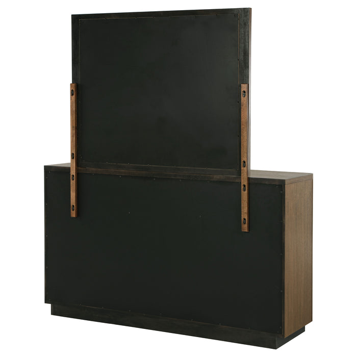 Ash brown CoasterEveryday Terrace 6-drawer dresser with matching mirror, showcasing sleek wood finish and modern furniture design.