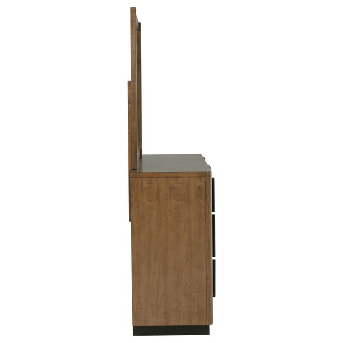 Ash brown 6-drawer dresser with matching mirror from CoasterEveryday, featuring sleek modern furniture design and ample storage.