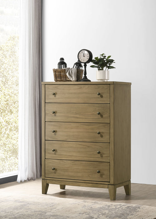 Natural pine Granada 5-drawer bedroom chest of drawers from CoasterEveryday, showcasing its wooden finish and sleek design.