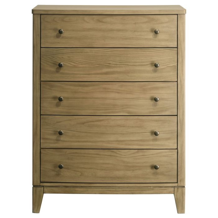 Natural pine Granada 5-drawer bedroom chest of drawers by CoasterEveryday, showcasing its wood finish and sleek design.