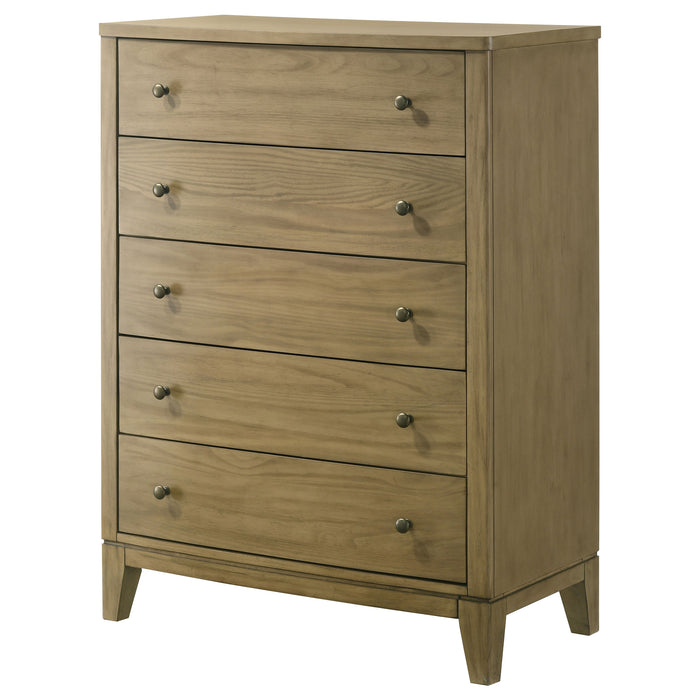 Natural pine Granada 5-drawer bedroom chest of drawers from CoasterEveryday, featuring a sturdy wooden design and sleek drawer handles.