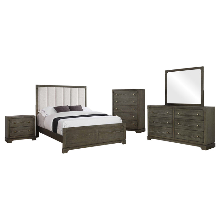 Dark cocoa 5-piece California King bedroom furniture set by CoasterEveryday, including bed frame, dresser, and nightstands.