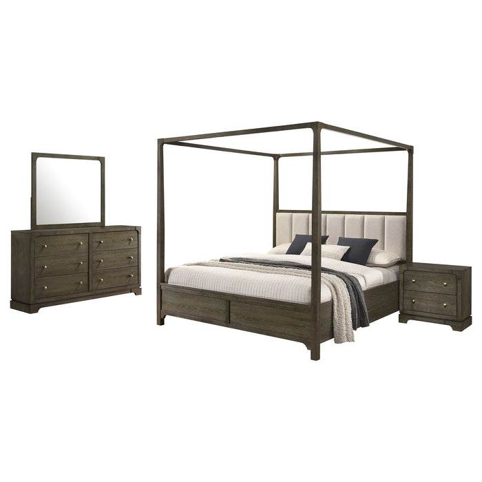 CoasterEveryday Gran Park 4-piece California King bedroom set in dark cocoa wood, including bed frame, nightstands, and storage drawers.