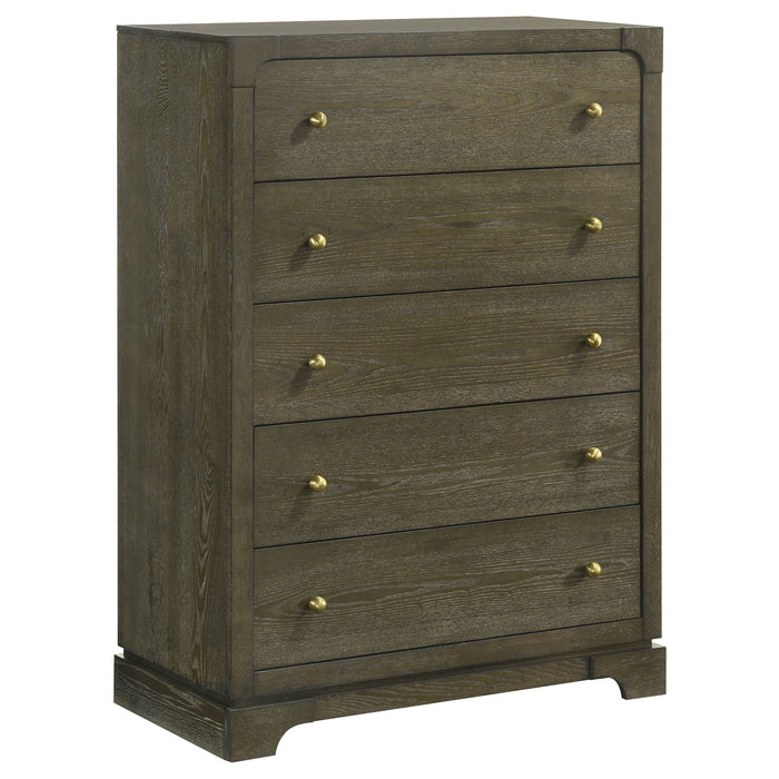Dark cocoa Gran Park 5-piece California King bedroom furniture set by CoasterEveryday, including bed, nightstands, and dresser.