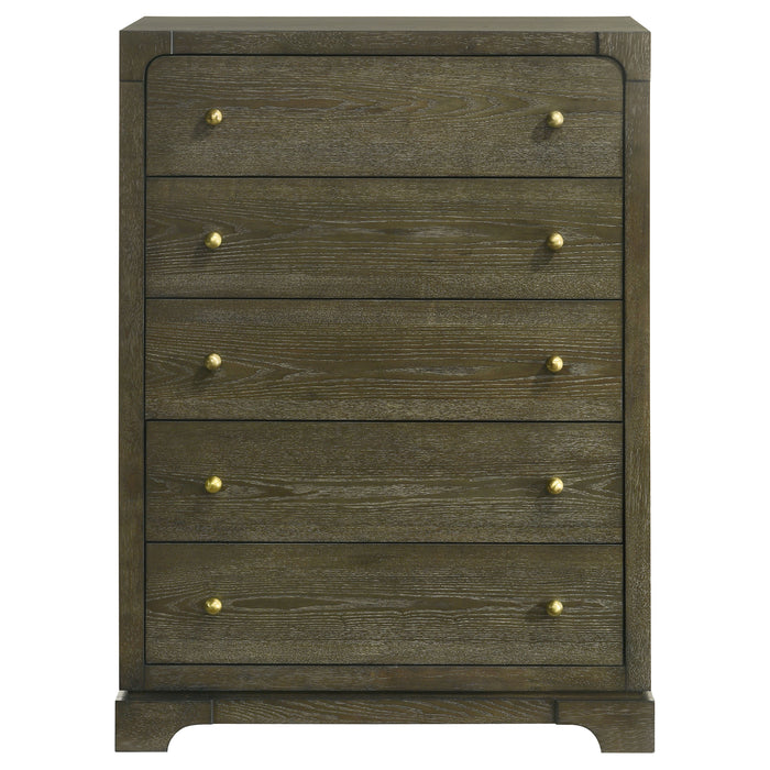 Dark cocoa CoasterEveryday Gran Park 5-drawer bedroom chest of drawers with sleek design and metal handles.