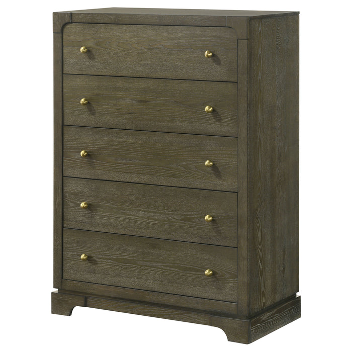 Dark cocoa Gran Park 5-drawer bedroom chest of drawers by CoasterEveryday, showing a sleek furniture piece with five spacious drawers.