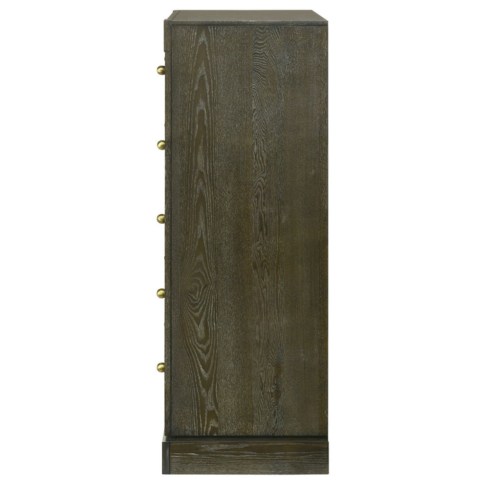 Dark cocoa Gran Park 5-drawer bedroom chest of drawers by CoasterEveryday, showing sleek wooden furniture with metal handles.