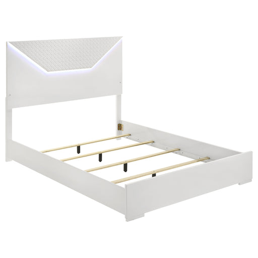 White high gloss Ives Queen Panel Bed LED headboard with sleek modern design, showcasing its smooth surface and built-in lighting.