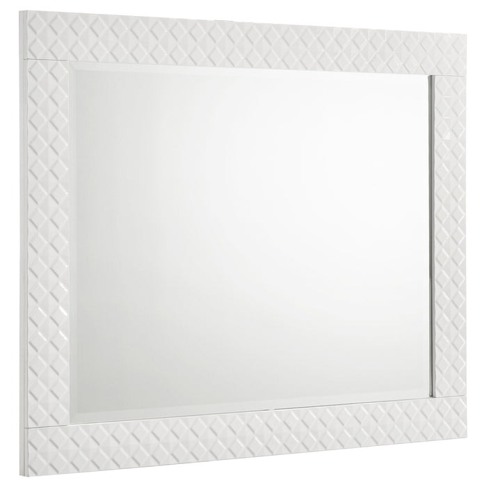 White high gloss Ives dresser mirror by CoasterEveryday, showcasing a sleek rectangular design with a modern furniture style.