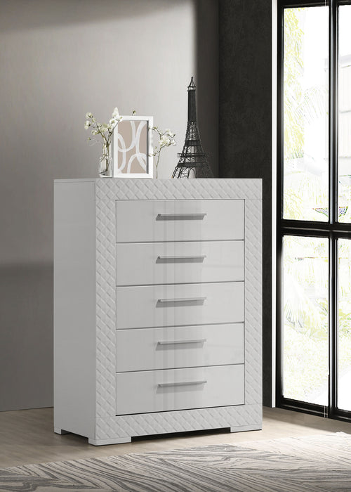 White high gloss Ives 5-drawer bedroom chest of drawers by CoasterEveryday, featuring sleek modern furniture design.