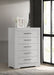 White high gloss Ives 5-drawer bedroom chest of drawers by CoasterEveryday, featuring sleek modern furniture design.
