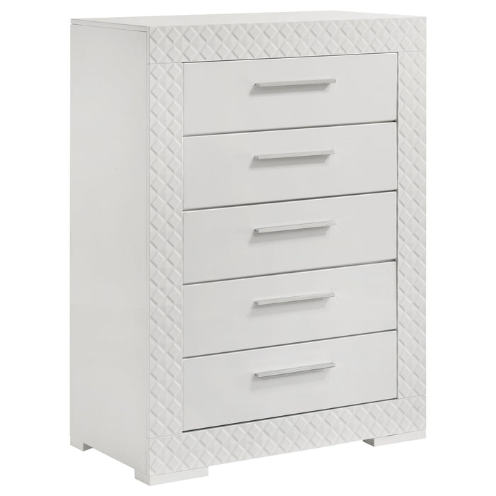 White high gloss Ives 5-drawer bedroom chest of drawers by CoasterEveryday, showing sleek modern design and spacious storage.
