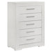 White high gloss Ives 5-drawer bedroom chest of drawers by CoasterEveryday, showing sleek modern design and spacious storage.