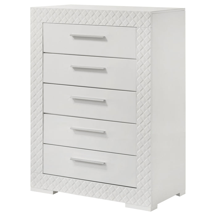 White Ives 5-drawer bedroom chest of drawers from CoasterEveryday with a high gloss finish, showcasing sleek modern furniture design.