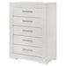 White Ives 5-drawer bedroom chest of drawers from CoasterEveryday with a high gloss finish, showcasing sleek modern furniture design.