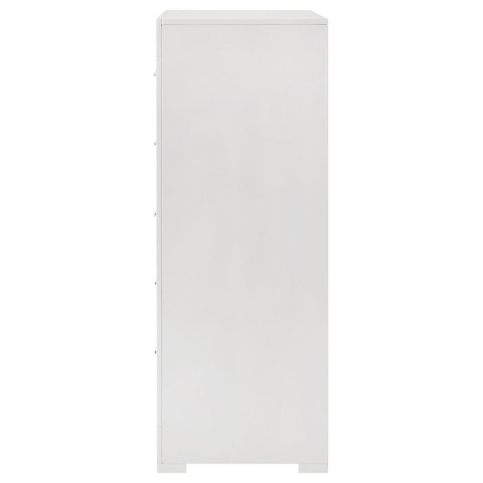 White high gloss Ives 5-drawer bedroom chest of drawers by CoasterEveryday, showcasing sleek modern furniture design.