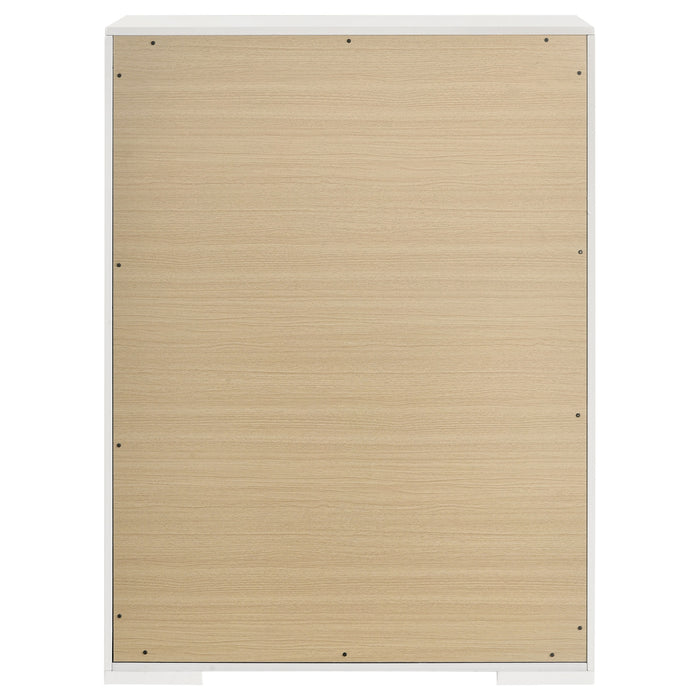 White high gloss Ives 5-drawer bedroom chest of drawers by CoasterEveryday, showcasing sleek modern furniture design.