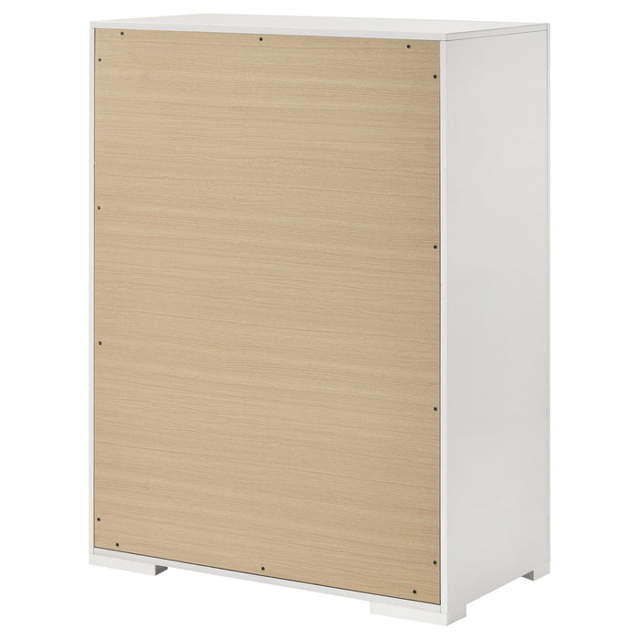 White high gloss Ives 5-drawer bedroom chest of drawers by CoasterEveryday, showing sleek modern furniture with clean lines.