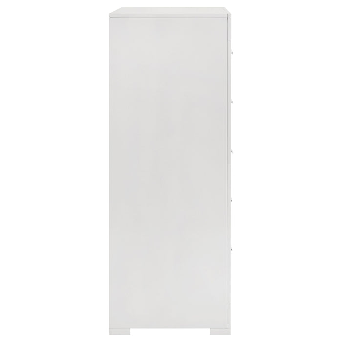 White high gloss Ives 5-drawer bedroom chest of drawers by CoasterEveryday, featuring sleek modern furniture design.