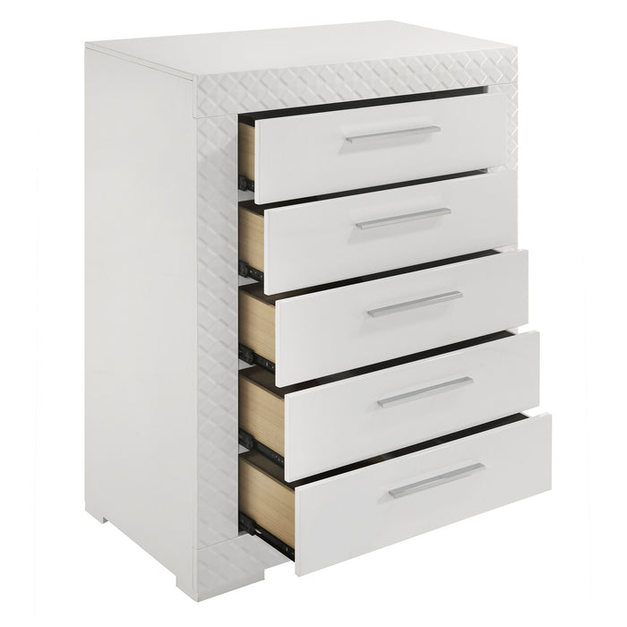 White high gloss Ives 5-drawer bedroom chest of drawers, modern furniture piece with sleek design and multiple storage drawers.