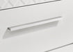 White high gloss CoasterEveryday Ives 5-drawer bedroom chest of drawers with sleek modern design and silver handles.