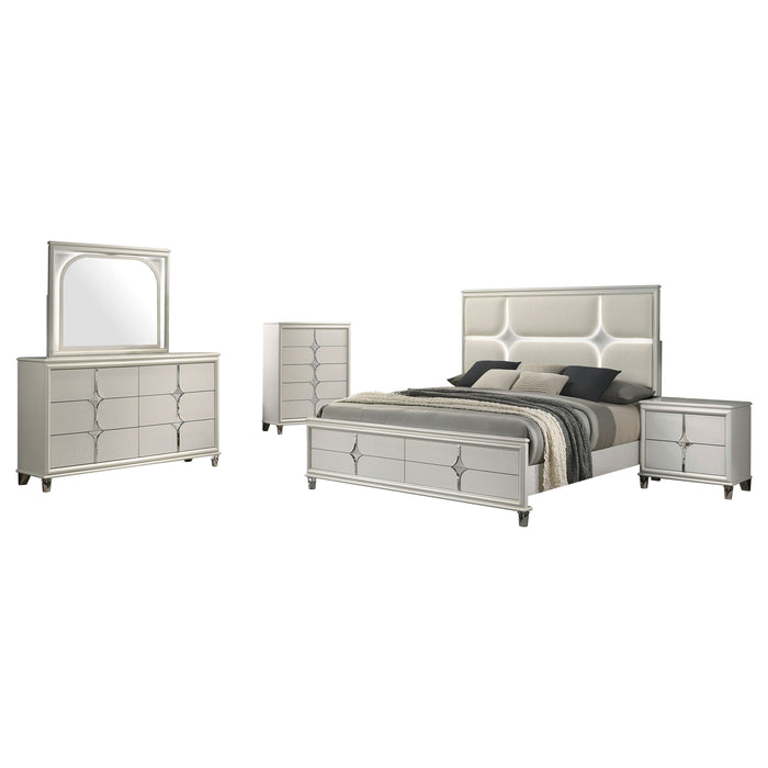Olivia 5-piece California King bedroom set in elegant pearl white with a modern design and matching headboard and storage drawers.