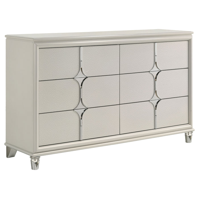 Olivia 5-piece California King bedroom set by CoasterEveryday in pearl white, includes bed frame, nightstands, and dresser.