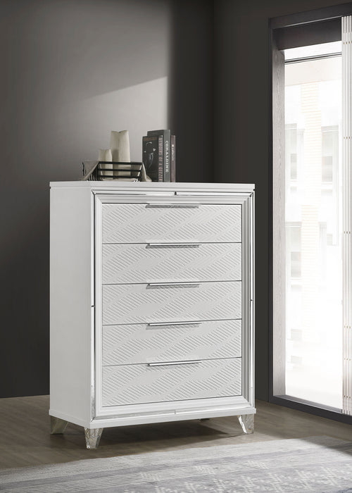 White Marmore 5-drawer bedroom chest of drawers by CoasterEveryday, showcasing sleek furniture design with multiple storage drawers.