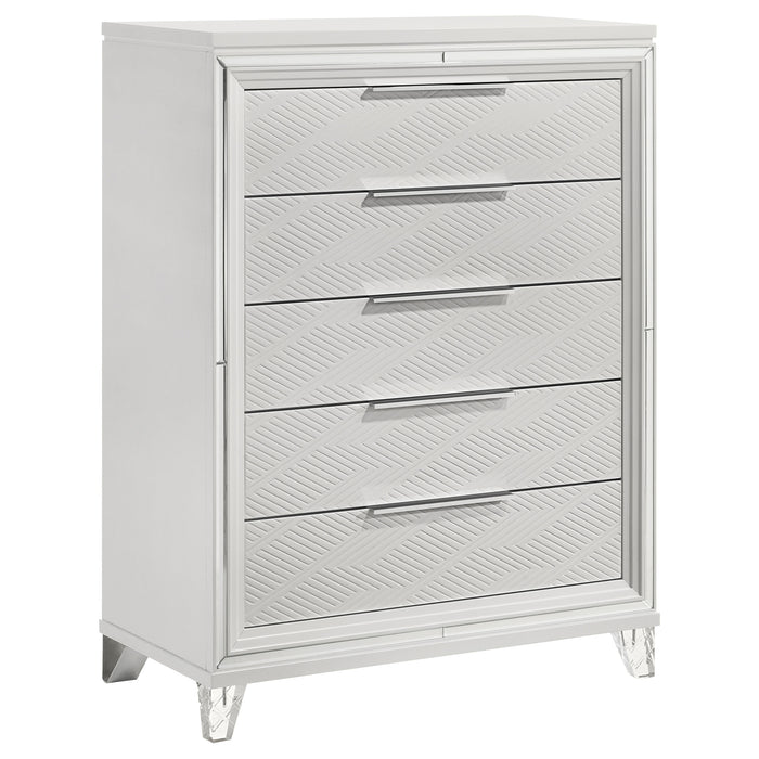White Marmore 5-drawer bedroom chest of drawers by CoasterEveryday, showcasing sleek furniture design with five spacious drawers.