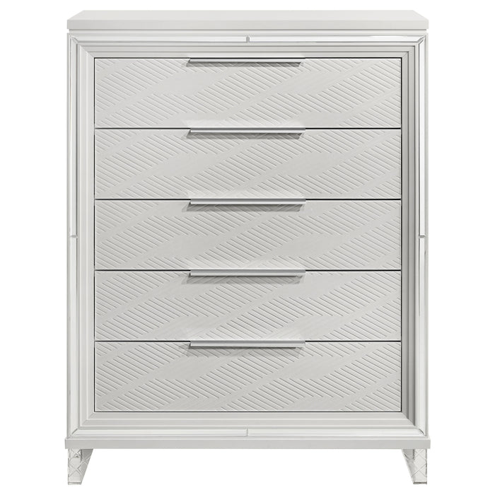 White Marmore 5-drawer bedroom chest of drawers by CoasterEveryday, showcasing sleek furniture with modern design and silver drawer handles.