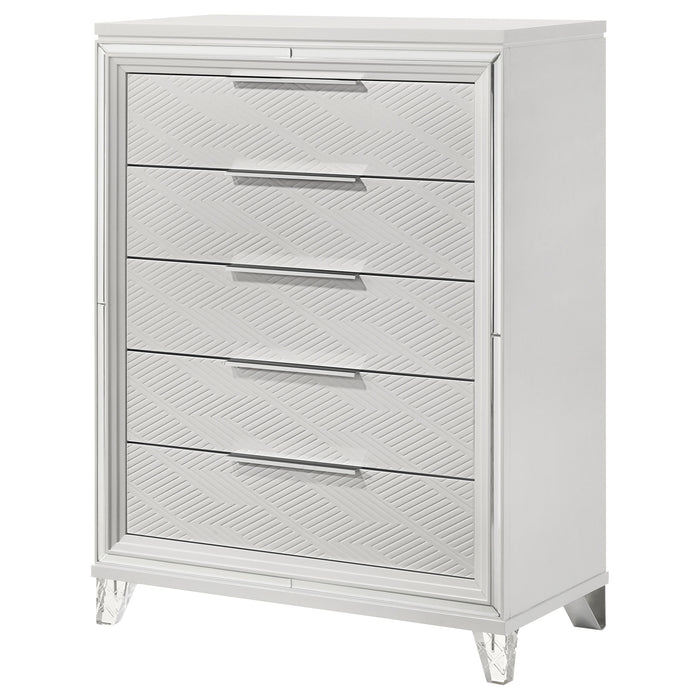 White Marmore 5-drawer bedroom chest of drawers by CoasterEveryday, showcasing sleek furniture design with spacious drawers.