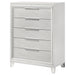 White Marmore 5-drawer bedroom chest of drawers by CoasterEveryday, showcasing sleek furniture design with spacious drawers.