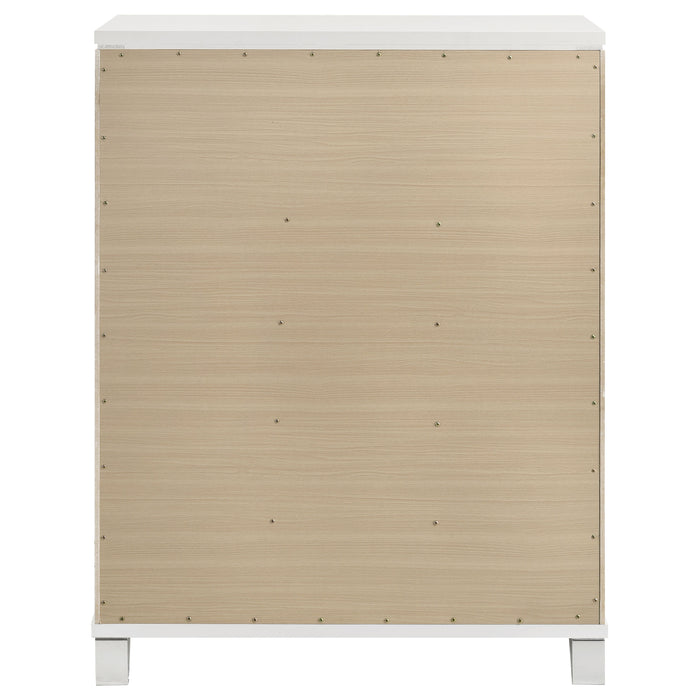 White Marmore 5-drawer bedroom chest of drawers by CoasterEveryday, showcasing sleek furniture with modern design and ample storage space.