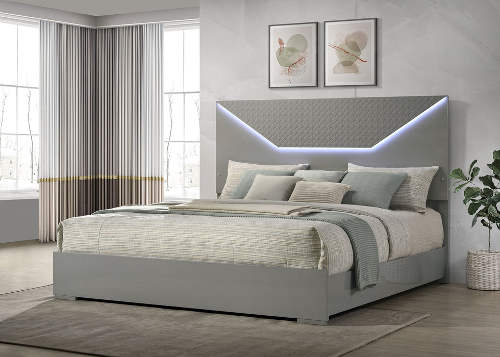 Ives Eastern King Panel Bed LED Headboard Grey High Gloss