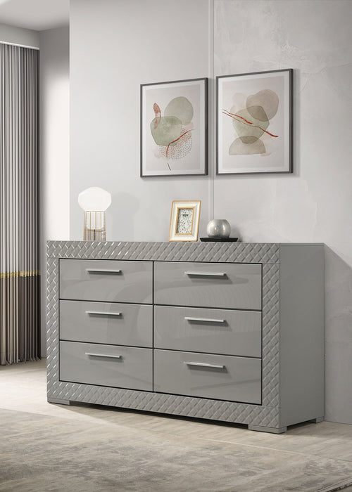 Grey high gloss Ives 6-drawer dresser cabinet from CoasterEveryday, showcasing sleek modern furniture design.