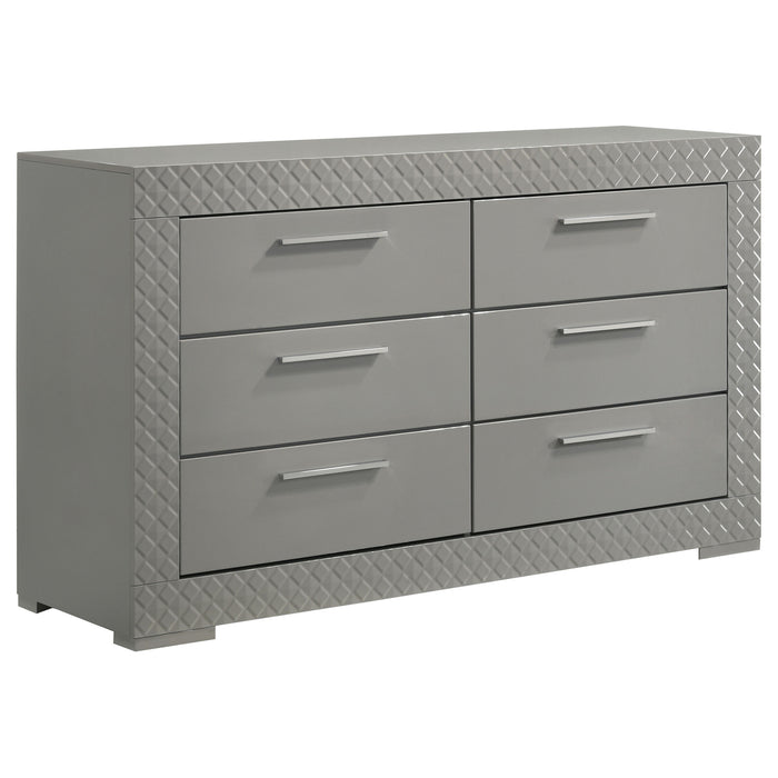Grey high gloss Ives 6-drawer dresser cabinet by CoasterEveryday with sleek modern furniture design.