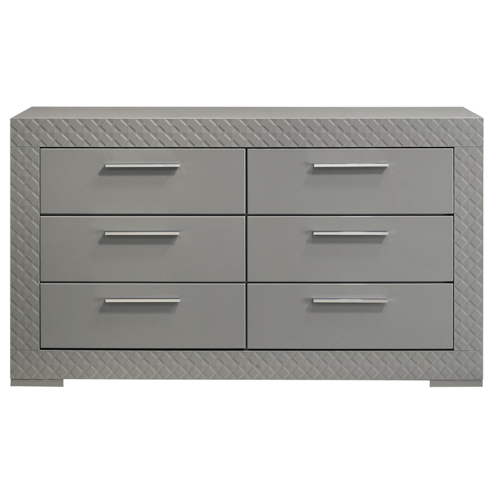 Grey high gloss Ives 6-drawer dresser cabinet by CoasterEveryday, showcasing sleek modern furniture with ample storage.