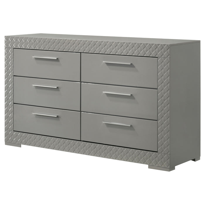 Grey Ives 6-drawer dresser cabinet by CoasterEveryday, showcasing sleek high gloss finish and modern furniture design.