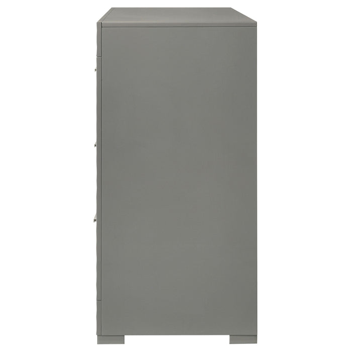 Grey high gloss Ives 6-drawer dresser cabinet by CoasterEveryday, showing sleek modern furniture with spacious drawers.
