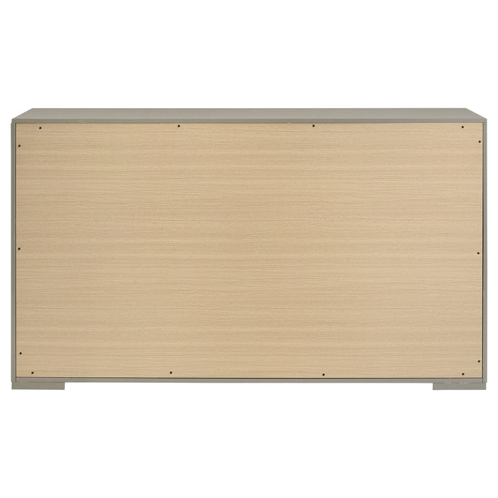 Grey high gloss Ives 6-drawer dresser cabinet by CoasterEveryday, showcasing sleek modern furniture with silver handles.