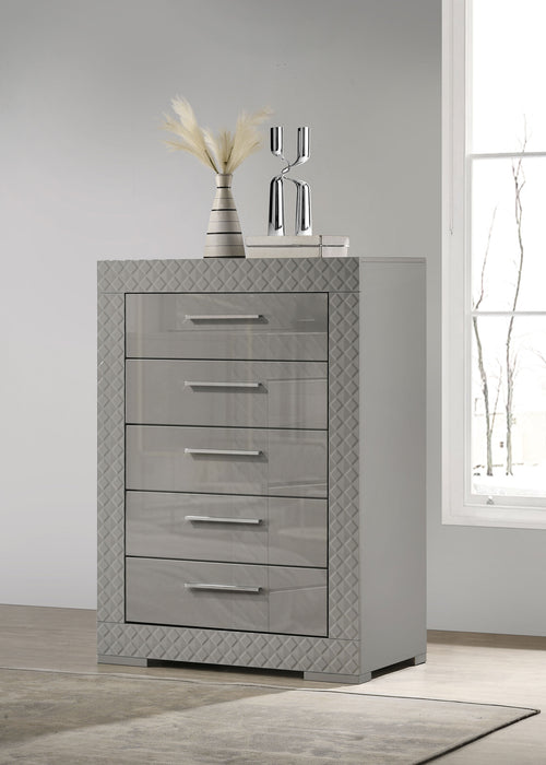 Grey high gloss Ives 5-drawer bedroom chest of drawers by CoasterEveryday, showcasing sleek modern furniture design.