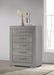 Grey high gloss Ives 5-drawer bedroom chest of drawers by CoasterEveryday, showcasing sleek modern furniture design.