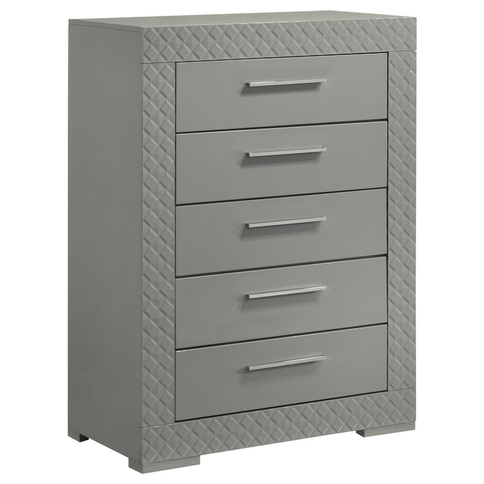 Grey high gloss Ives 5-drawer bedroom chest of drawers by CoasterEveryday, showcasing sleek modern furniture design.