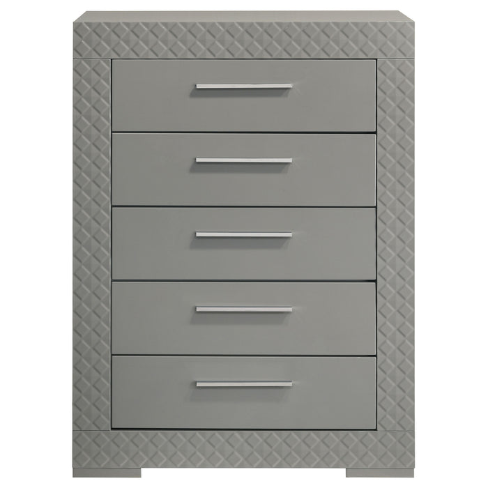 Grey high gloss Ives 5-drawer bedroom chest of drawers by CoasterEveryday, showcasing sleek modern furniture design.
