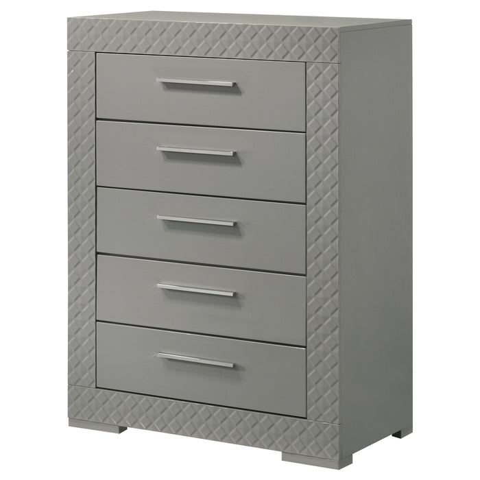 Grey high gloss 5-drawer bedroom chest of drawers by CoasterEveryday, showcasing a modern furniture design with sleek handles.